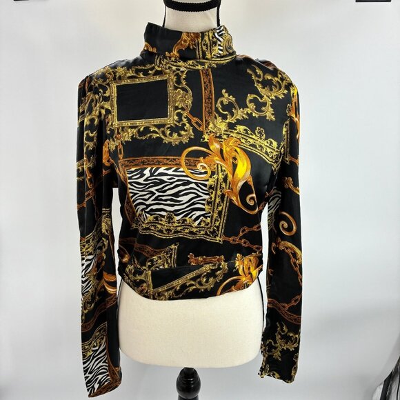 Guess Women's Black Gold Chain Print Long Sleeve Blouse M Polyester - Picture 1 of 6